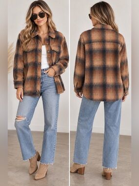 American Eagle Brushed Plaid Oversized Shacket Coat